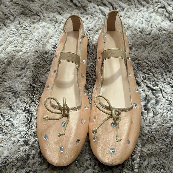 Cream/Pink Sheer Mesh Bejeweled Mary Jane Strap Ballet Flats Sz 9.5 - Picture 1 of 3